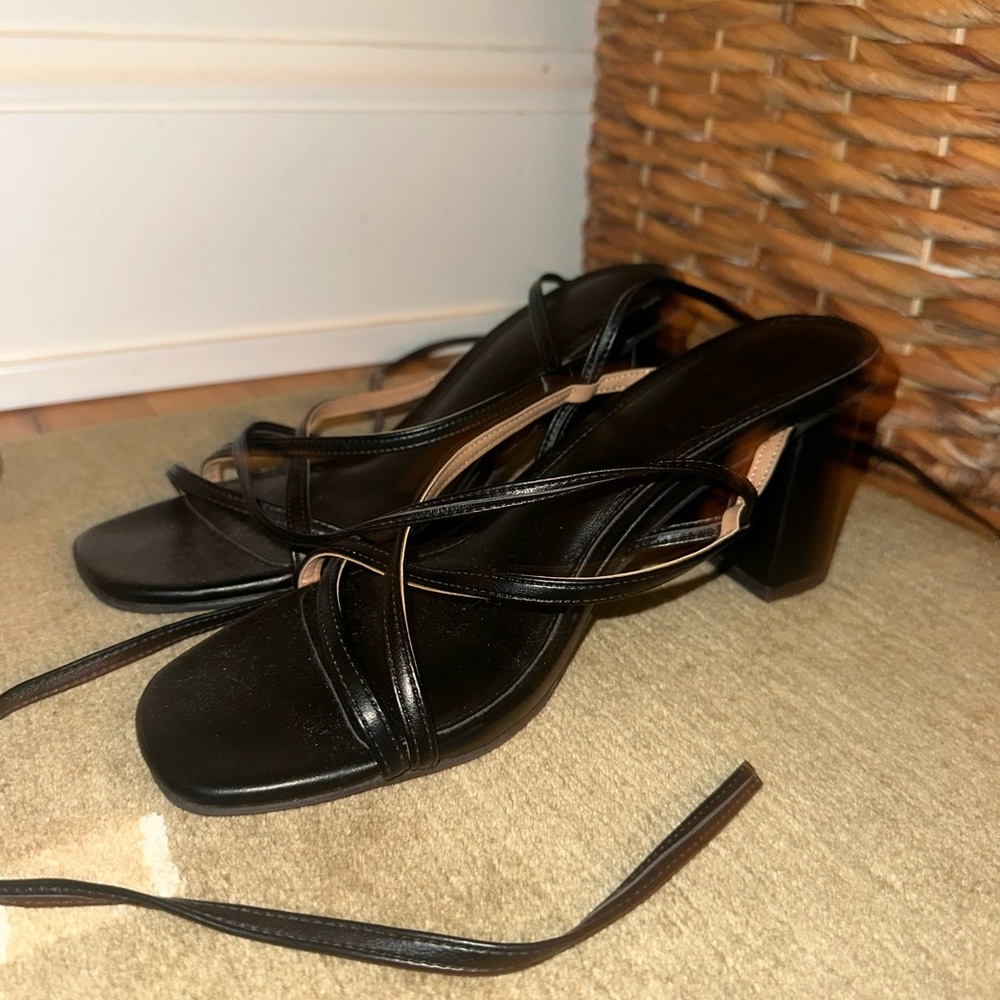 Black Strappy Square Toe Wrap Ankle Block Heel